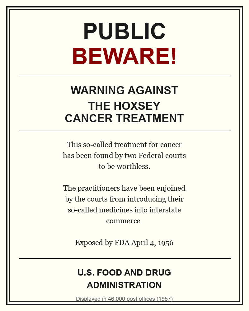 FDA Public Beware poster warning against the Hoxsey Cancer Treatment, displayed in 46,000 post offices in 1957
